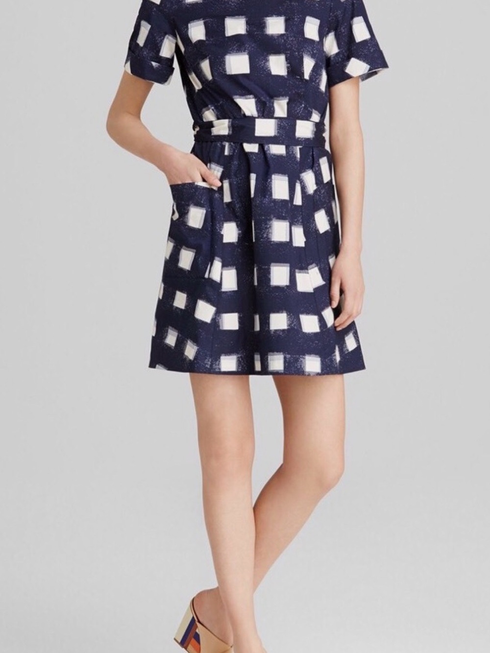 Tory Burch Navy and White Square-Print Short Sleeve Belted Dress Size 12